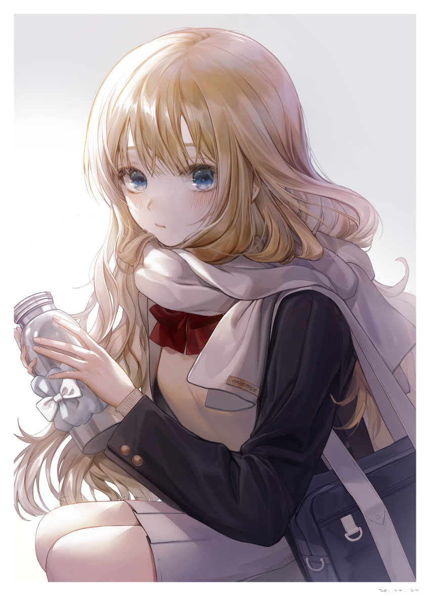 1girl absurdres bag bangs black_jacket blonde_hair blue_eyes blush border bottle bow bowtie brown_sweater buttons closed_mouth eyelashes fingernails frown glass_bottle gradient gradient_background grey_background highres holding holding_bottle jacket long_hair long_sleeves looking_at_viewer minncn original pleated_skirt red_bow red_bowtie scarf school_uniform shiny shiny_hair shirt skirt solo sweater wavy_hair white_background white_border white_scarf white_skirt yellow_shirt