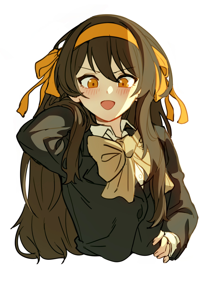 1girl :d absurdres arm_up black_jacket bow bowtie breasts brown_hair buttons collared_shirt cropped_torso dress_shirt eyebrows_visible_through_hair hair_between_eyes hair_ribbon hairband hand_in_own_hair hand_on_hip highres jacket long_hair long_sleeves looking_at_viewer open_mouth orange_eyes orange_hairband orange_ribbon ribbon shirt simple_background small_breasts smile solo stoll_(tmxhf) suzumiya_haruhi suzumiya_haruhi_no_yuuutsu upper_body v-shaped_eyebrows very_long_hair white_background white_shirt yellow_bow yellow_bowtie