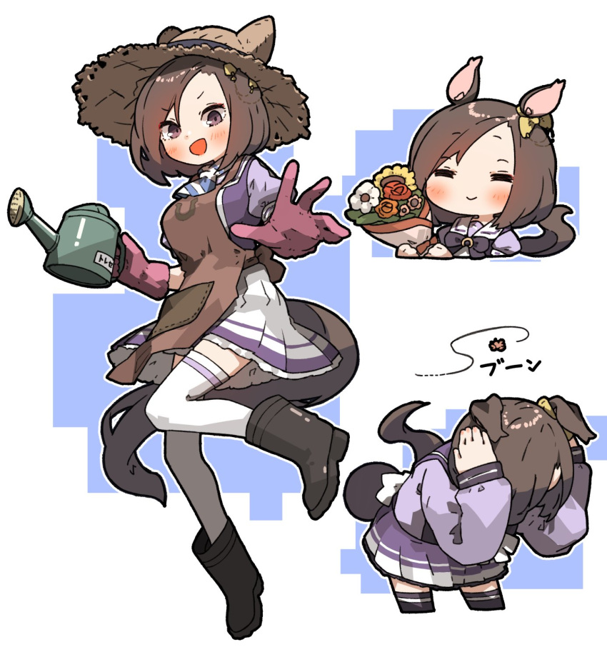 1girl air_groove_(umamusume) amonitto animal_ears apron black_footwear blush boots bouquet brown_eyes brown_hair closed_eyes closed_mouth commentary_request cowering gloves hat head_down highres horse_ears horse_girl horse_tail inset multiple_views open_mouth pink_gloves puffy_short_sleeves puffy_sleeves purple_shirt sailor_collar school_uniform shirt short_hair short_sleeves smile straw_hat tail thigh-highs tracen_school_uniform umamusume watering_can white_legwear