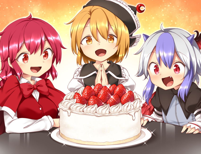 3girls :d ahoge bangs black_headwear black_vest blonde_hair blue_hair blush bow bowtie braid braided_ponytail breasts buttons cake capelet collar commentary_request crescent crescent_hat_ornament fang fingernails food frilled_collar frilled_hat frills happy harusame_(unmei_no_ikasumi) hat hat_ornament horns large_breasts long_hair long_sleeves looking_at_viewer lunasa_prismriver multicolored_hair multiple_girls okazaki_yumemi open_mouth own_hands_together plate red_bow red_bowtie red_capelet red_eyes redhead shiny shiny_hair shirt silver_hair smile sparkle streaked_hair table tokiko_(touhou) touhou touhou_(pc-98) vest white_shirt yellow_eyes
