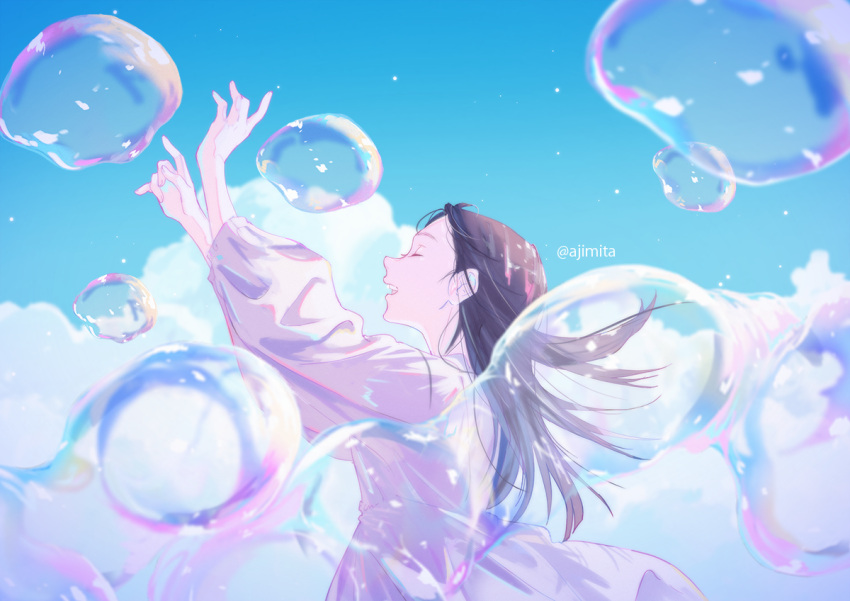 1girl ajimita arms_up back black_hair bubble closed_eyes clouds day dress from_side long_hair open_mouth original signature sky smile solo upper_body white_dress