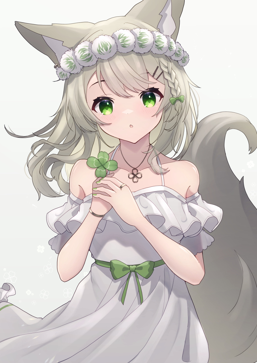 1girl :o absurdres animal_ears bangs blush bow bracelet braid brown_hair clover collarbone cowboy_shot dress eyebrows_visible_through_hair four-leaf_clover fox_ears fox_girl fox_tail green_bow green_eyes green_nails hair_bow head_wreath highres hinata_(user_rjkt4745) holding jewelry long_hair looking_at_viewer nail_polish necklace original parted_lips ring short_sleeves side_braid solo tail white_dress