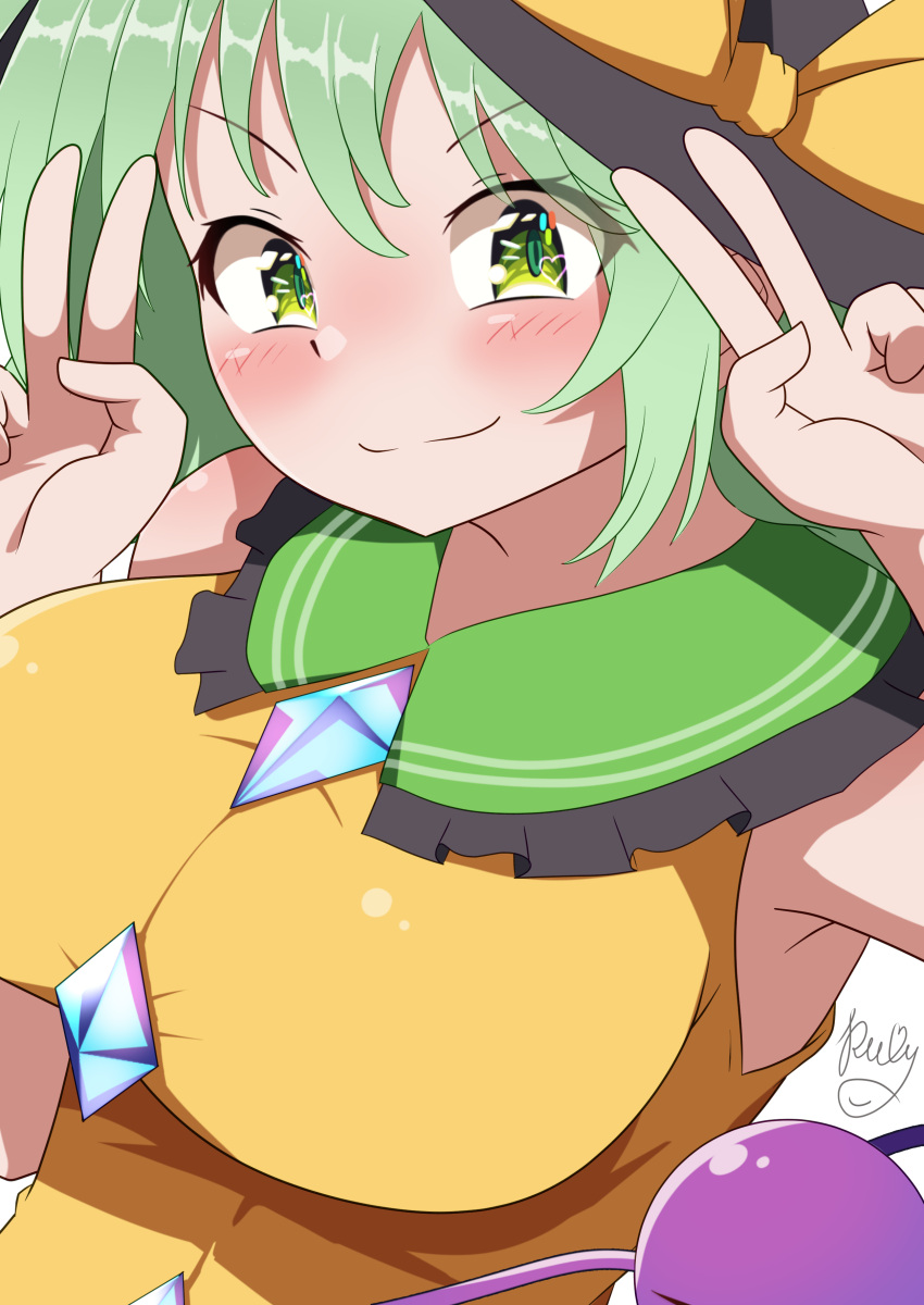 1girl absurdres bangs breasts closed_mouth double_v eyebrows_visible_through_hair green_eyes green_hair highres komeiji_koishi large_breasts looking_at_viewer polyhedron2 short_hair simple_background sleeveless smile solo third_eye touhou upper_body v v-shaped_eyebrows white_background