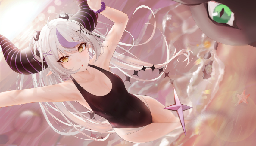 1girl absurdres armpits beach bikini crow_(la+_darknesss) demon_girl demon_horns demon_tail highres hololive horns la+_darknesss legs looking_at_viewer multicolored_hair open_mouth pointy_ears sakamata_chloe solo streaked_hair striped_horns swimsuit tail virtual_youtuber wanne wet yellow_eyes