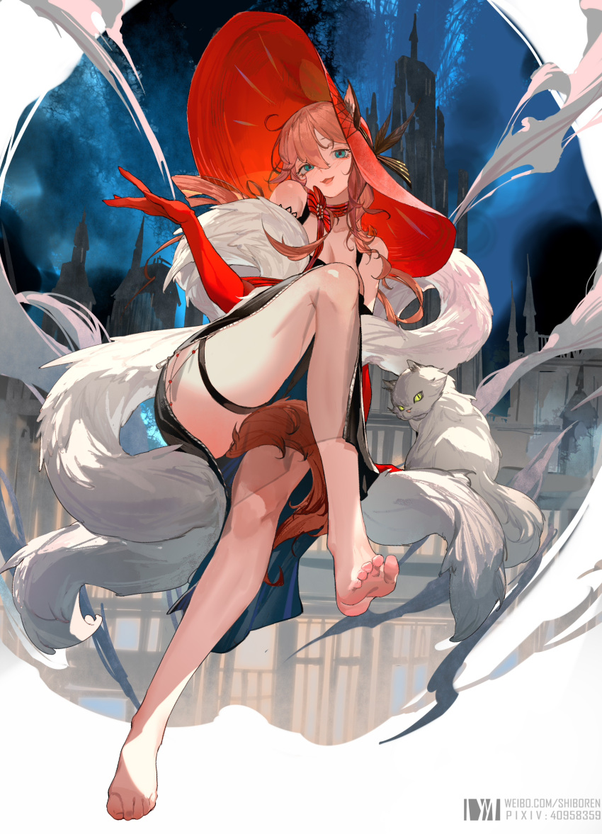 1girl absurdres animal_ear_fluff animal_ears arknights bangs bare_legs bare_shoulders barefoot black_dress blue_eyes blush brown_hair cape cat dm_(dai_miao) dress ears_through_headwear elbow_gloves feather_boa feet full_body gloves hair_between_eyes hat heidi_(arknights) highres leg_up long_hair looking_at_viewer open_mouth red_cape red_gloves red_headwear smile solo sun_hat tail_censor thigh_strap toes