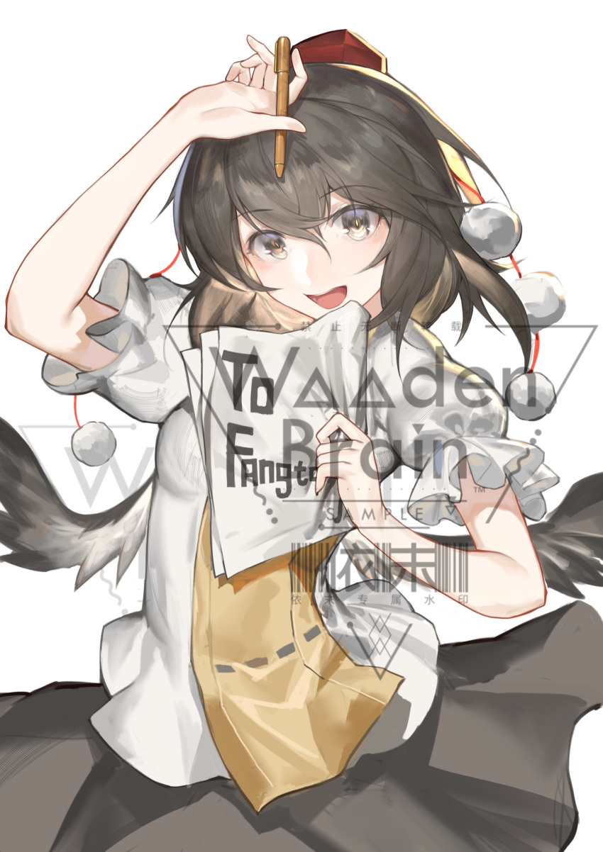 1girl :d bangs black_hair black_skirt black_wings brown_eyes brown_hair cowboy_shot eyebrows_visible_through_hair feathered_wings hair_between_eyes hat highres holding holding_pen leaf_print looking_at_viewer open_mouth pen pom_pom_(clothes) puffy_short_sleeves puffy_sleeves shameimaru_aya shirt short_hair short_sleeves skirt smile solo tassel tokin_hat touhou wb_yimo white_background white_shirt wings