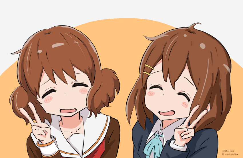 2girls absurdres artist_name blazer blue_jacket blue_ribbon blush_stickers brown_eyes brown_hair brown_serafuku closed_eyes collarbone commentary_request company_connection crossover curly_hair dated hair_ornament hairclip hibike!_euphonium highres hirasawa_yui jacket k-on! kitauji_high_school_uniform multiple_girls neck_ribbon neckerchief open_mouth orange_background oumae_kumiko red_neckerchief ribbon sailor_collar sakuragaoka_high_school_uniform school_uniform serafuku shirt short_hair simple_background twitter_username two-tone_background upper_body v watermark white_background white_sailor_collar white_shirt yusaku2021com