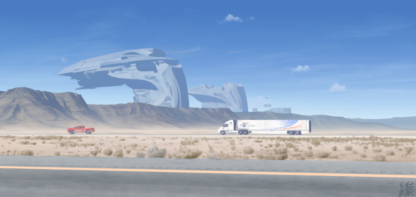 america artist_name blue_sky building clouds commentary_request desert ground_vehicle harbor highres motor_vehicle no_humans ogata_tank original pickup_truck road scenery science_fiction semi_truck sky trailer truck watermark