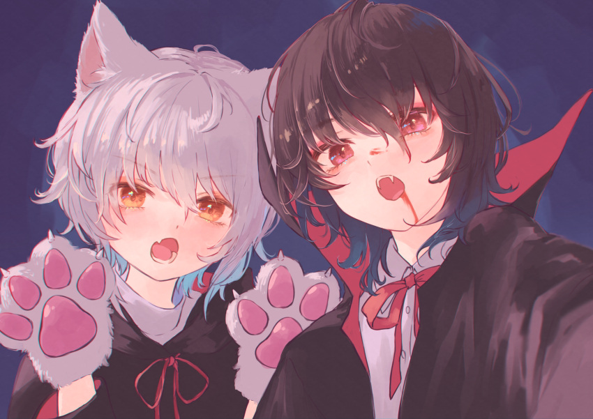 2girls alternate_costume animal_ears animal_hands bangs black_cape black_hair blood blood_on_face blue_background cape collared_cape fake_blood fang fangs gloves hair_between_eyes halloween halloween_costume highres inubashiri_momiji long_sleeves looking_at_viewer multicolored_cape multicolored_clothes multiple_girls orange_eyes paw_gloves red_cape red_eyes shameimaru_aya short_hair simple_background touhou upper_body white_hair wolf_ears wolf_girl yamabuki_(laysis_yama)