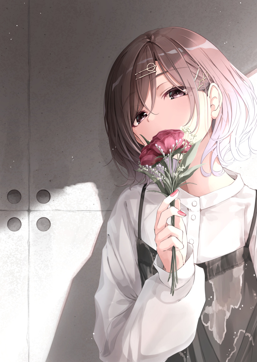 1girl absurdres bangs blouse brown_eyes clothing_request covering_mouth flower fuu_(fuore) hair_ornament highres higuchi_madoka idolmaster idolmaster_shiny_colors light_brown_hair long_sleeves looking_at_viewer solo standing sunlight wall