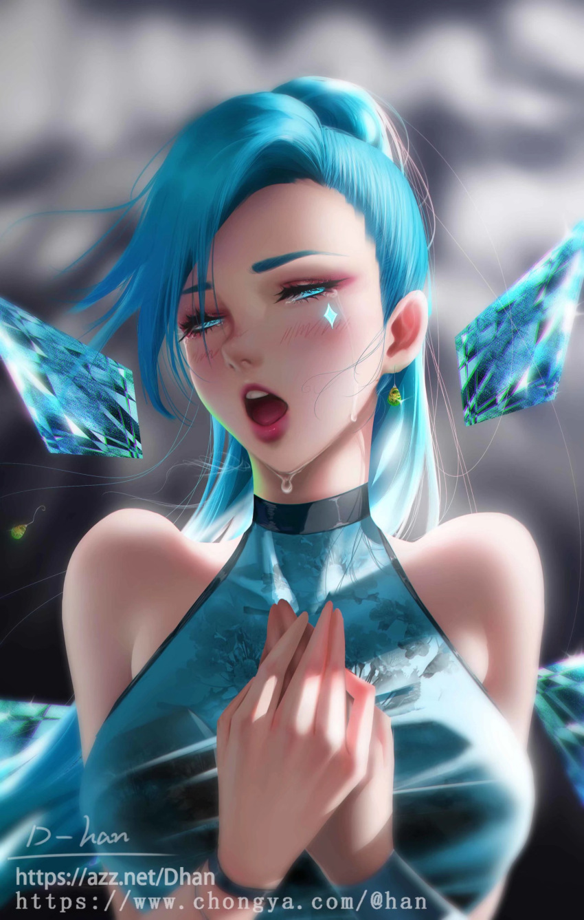 1girl absurdres bare_shoulders blue_dress blue_eyes blue_hair blurry blurry_background blush breasts choker d-han dress earrings grey_background half-closed_eyes hands_up highres ice ice_wings jewelry k/da_(league_of_legends) large_breasts league_of_legends lips long_hair looking_at_viewer open_mouth painting simple_background solo teeth upper_body upper_teeth watermark wings