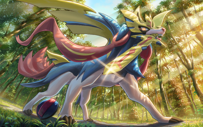 animal_focus claws commentary_request day forest from_below glint grass great_ball ho-oh_(artist) looking_down mouth_hold nature no_humans outdoors poke_ball pokemon pokemon_(creature) sky solo sword tree weapon yellow_eyes zacian zacian_(crowned)