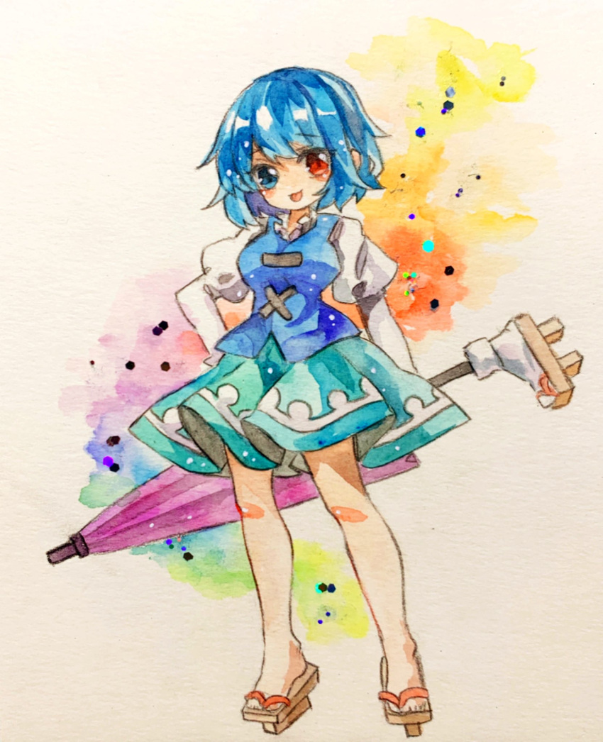 1girl bangs blue_dress blue_eyes blue_hair blue_skirt blue_vest breasts dress full_body geta heterochromia highres holding holding_umbrella juliet_sleeves karakasa_obake key747h long_sleeves looking_at_viewer medium_breasts no_socks one-hour_drawing_challenge painting_(medium) paper_texture photo_(medium) puffy_sleeves purple_umbrella red_eyes shirt short_hair skirt solo standing tatara_kogasa tongue touhou traditional_media umbrella vest watercolor_(medium) white_shirt