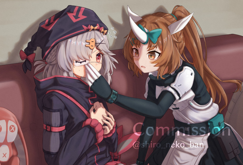 2girls animal_ears arknights black_gloves black_jacket black_shirt blue_bow bow braid brown_eyes brown_hair bubble_(arknights) bunny_hair_ornament commentary_request commission couch elbow_gloves eyepatch flying_sweatdrops gloves grey_hair hair_bow hair_ornament hairclip horns jacket long_hair long_sleeves multiple_girls on_couch own_hands_together ponytail popukar_(arknights) puffy_short_sleeves puffy_sleeves red_eyes shironekoban shirt short_sleeves single_horn sitting skeb_commission stuffed_animal stuffed_bunny stuffed_toy twitter_username very_long_hair watermark x_hair_ornament
