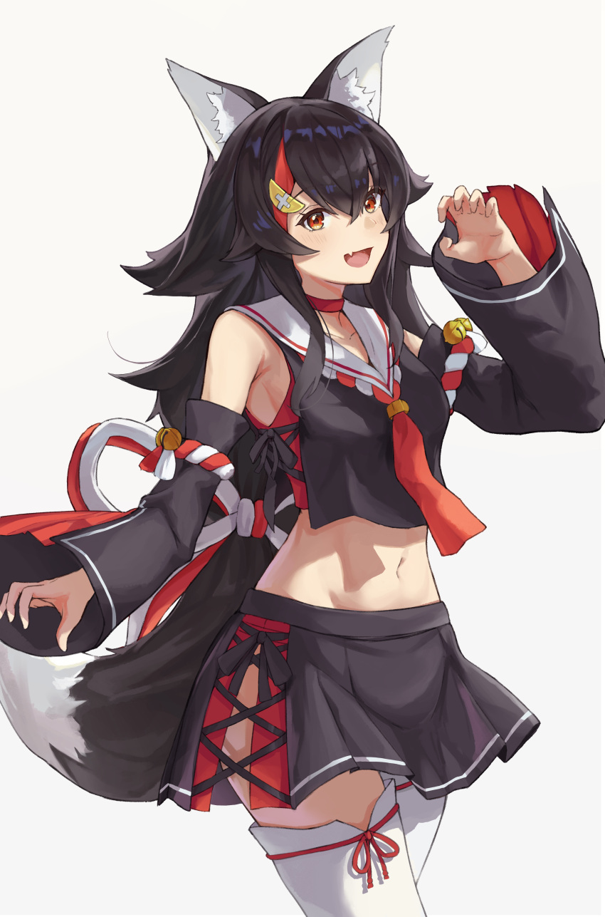 1girl :d absurdres animal_ear_fluff animal_ears bell black_hair black_skirt breasts choker claw_pose cowboy_shot crop_top detached_sleeves fang flower_knot hair_ornament hand_up highres hololive japanese_clothes long_hair looking_at_viewer midriff miniskirt multicolored_hair navel neckerchief ookami_mio open_mouth orange_eyes red_choker redhead sailor_collar shakabrah side-tie_skirt simple_background skirt smile solo stomach streaked_hair tail thigh-highs virtual_youtuber white_background white_legwear wolf_ears wolf_girl wolf_tail