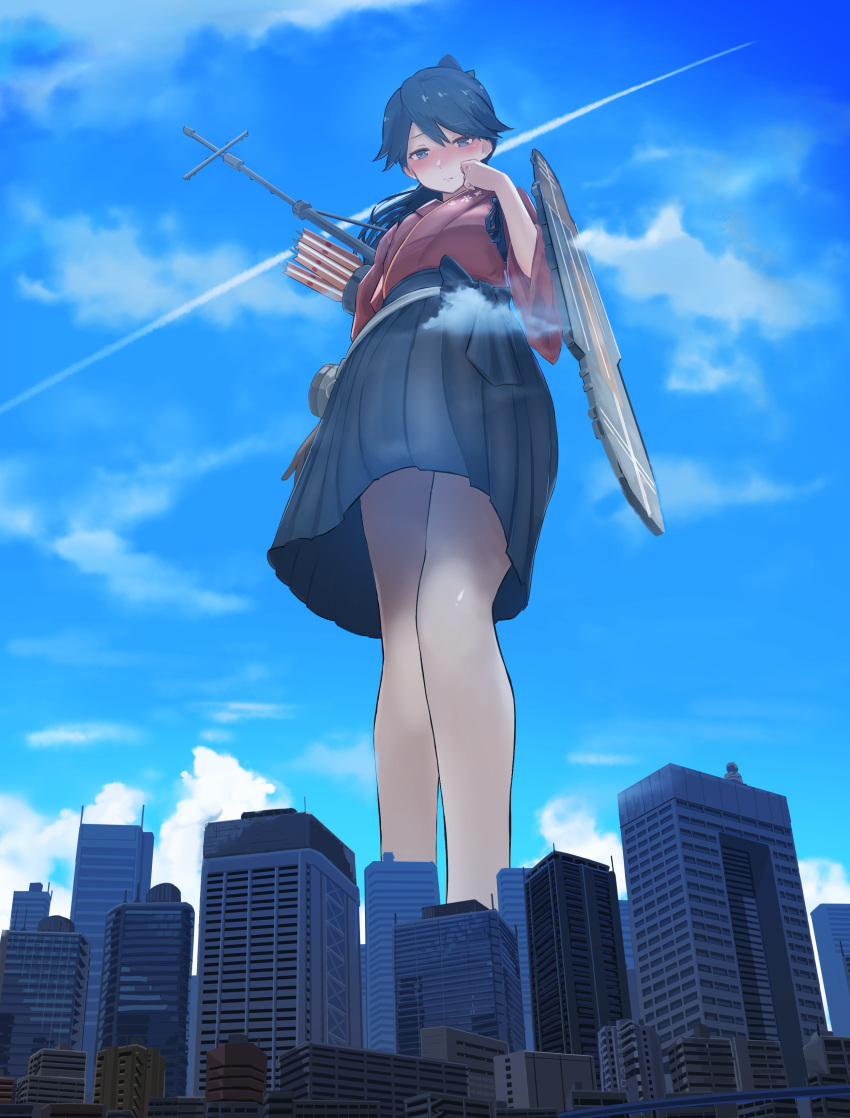 1girl absurdres bangs black_hair blue_eyes blue_hakama blush breasts city cityscape clouds day from_below giant giantess hakama hand_to_own_mouth highres houshou_(kancolle) japanese_clothes kantai_collection looking_at_viewer looking_down medium_breasts outdoors ponytail quiver sigure-zzzz skyline solo standing swept_bangs