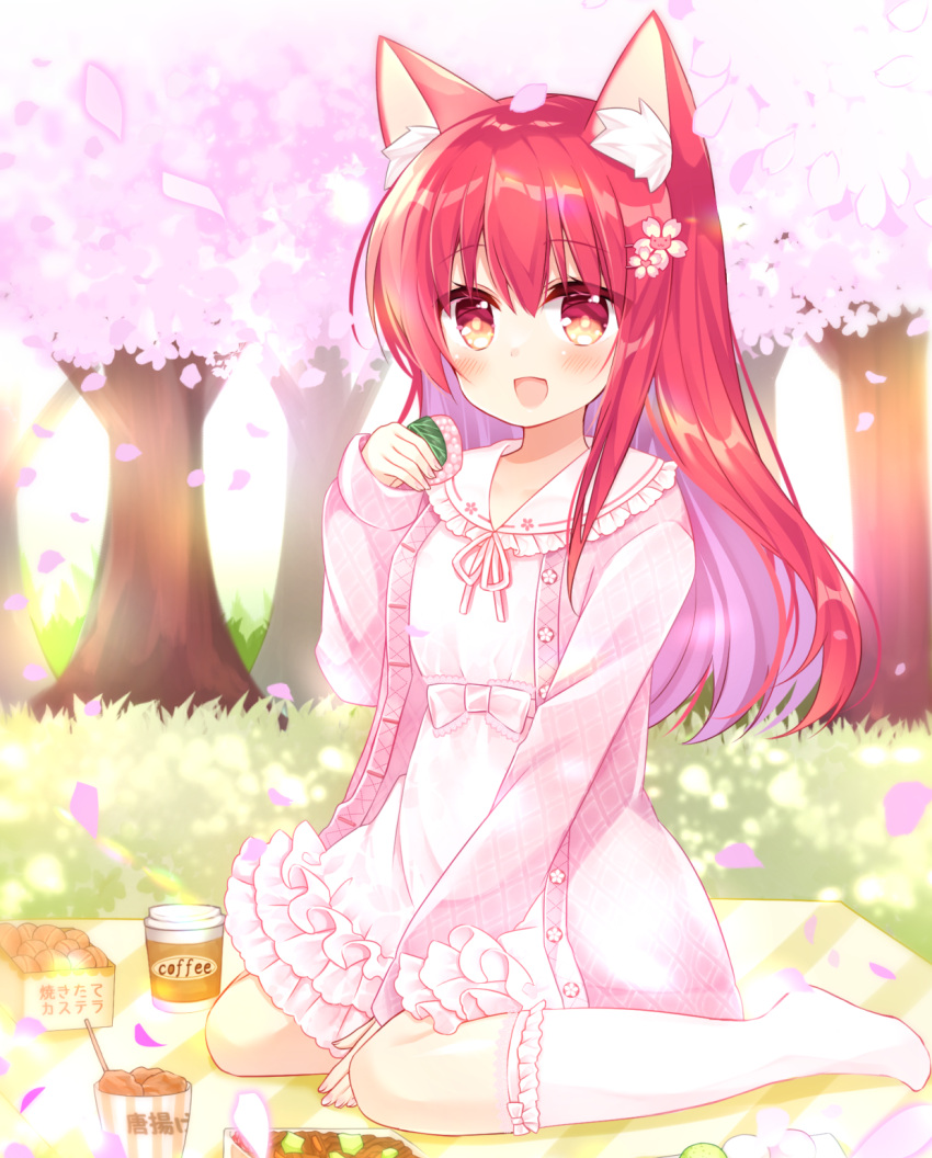 1girl animal_ear_fluff animal_ears bangs blanket cat_ears cherry_blossoms commentary_request dress eyebrows_visible_through_hair flower food frilled_dress frilled_legwear frilled_sailor_collar frills grass hair_between_eyes hair_flower hair_ornament hanami hand_up highres holding holding_food jacket long_hair long_sleeves multicolored_hair no_shoes original petals pink_jacket puffy_long_sleeves puffy_sleeves purple_hair red_eyes redhead sailor_collar sailor_dress sakura_mochi shikito sitting sleeves_past_wrists socks solo tree two-tone_hair wagashi wariza white_dress white_flower white_legwear