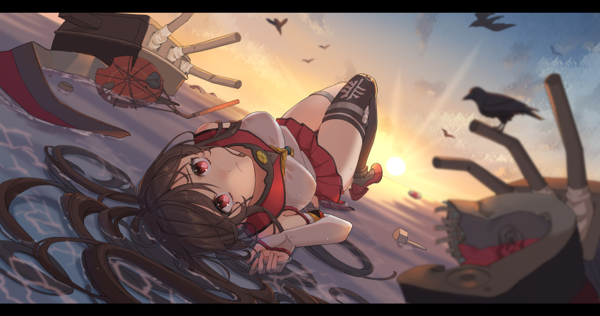 1girl absurdres armband bird black_legwear breasts brown_hair cannon cherry_blossoms clothes_writing damaged detached_sleeves flower hair_flower hair_ornament headgear highres hip_vent kantai_collection long_hair long_sleeves lying medium_breasts miniskirt ocean oil-paper_umbrella on_back pleated_skirt ponytail red_eyes red_skirt red_umbrella rigging sakuramon single_thighhigh skirt solo thigh-highs tokikouhime turret umbrella white_sleeves yamato_(kancolle) yamato_kai_(kancolle) z_flag