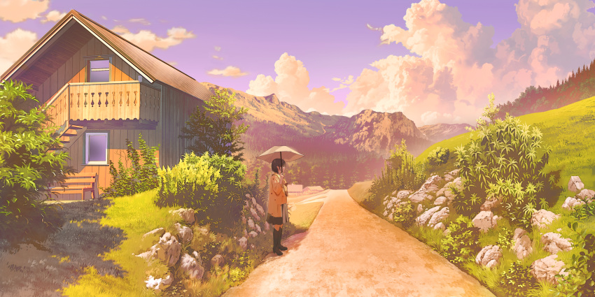 1girl absurdres bench black_footwear black_hair boots building bush clouds coat english_commentary forest grass grey_skirt highres holding holding_umbrella house kemme_dreame mountain nature original purple_sky rock scenery short_hair skirt sky solo umbrella wide_shot yellow_coat