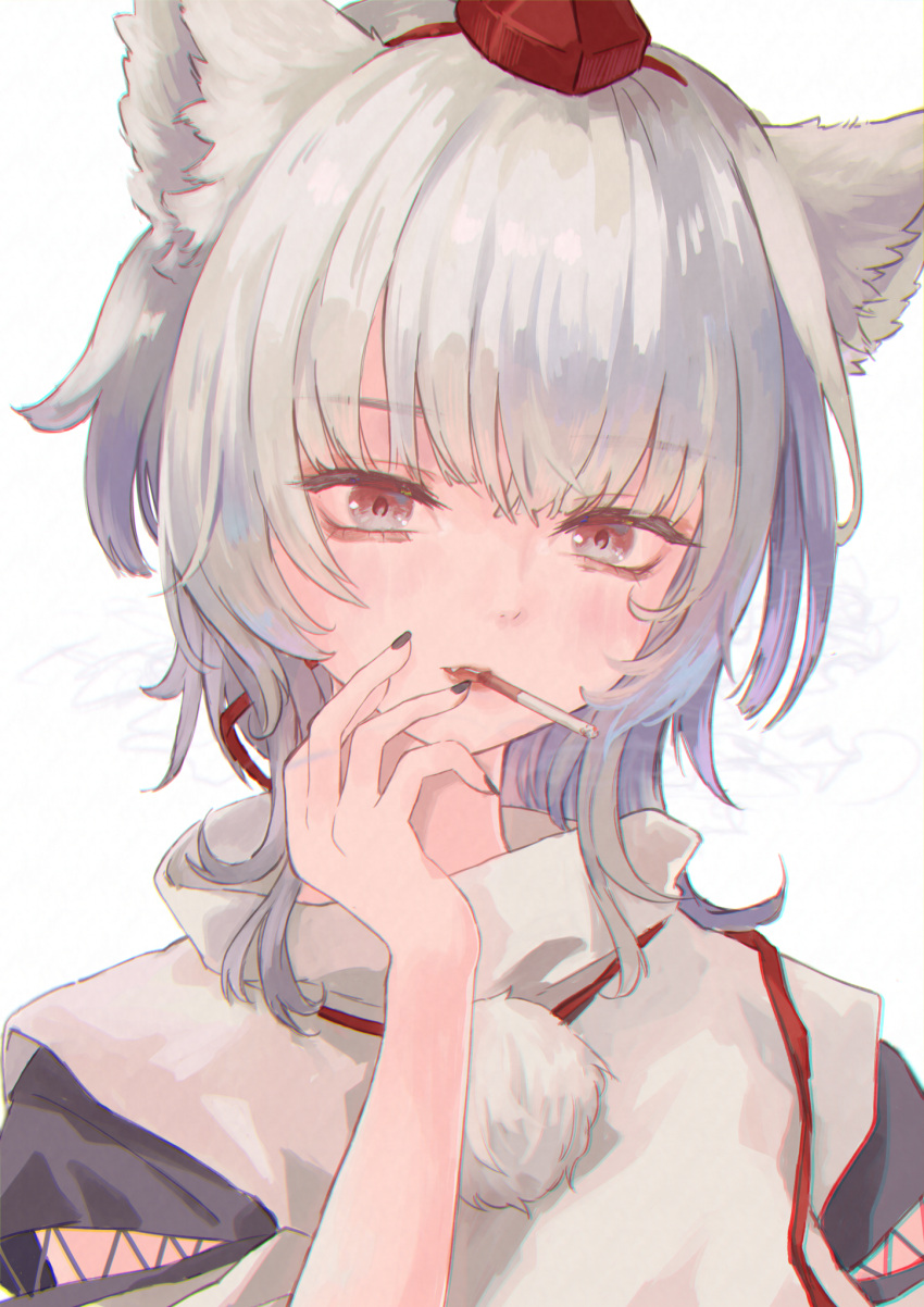 1girl animal_ears bangs cigarette commentary_request fang hair_between_eyes hand_to_own_mouth highres inubashiri_momiji japanese_clothes mouth_hold parted_lips red_eyes short_hair simple_background smoke smoking solo touhou upper_body white_background white_hair wolf_ears wolf_girl yamabuki_(laysis_yama)