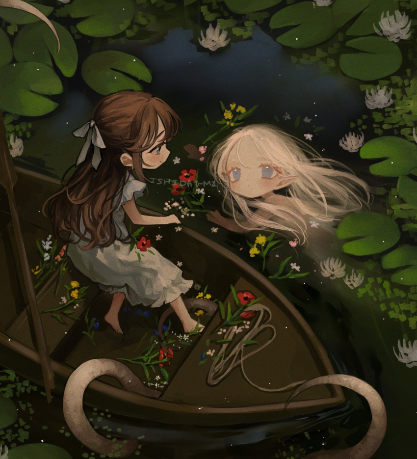 2girls artist_name bangs bare_arms barefoot blue_eyes blue_flower blush boat brown_hair dress flower full_body hair_ribbon half_updo highres ishita_umi lily_pad long_hair looking_at_another monster_girl multiple_girls nature oar original outdoors partially_submerged pointy_ears profile red_flower ribbon rowboat short_sleeves sitting sundress tentacles water water_lily_flower watercraft watermark white_dress white_flower white_hair white_ribbon yellow_flower