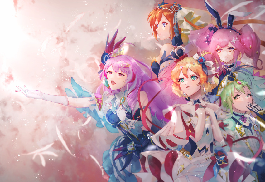 5girls absurdres blonde_hair blue_dress blue_headwear bow breasts colored_tips crown dress elbow_gloves flat_chest flower freyja_wion gloves green_eyes green_hair hair_bow hair_flower hair_ornament hand_on_own_chest highres kaname_buccaneer long_hair macross macross_delta makina_nakajima medium_breasts mikumo_guynemer multicolored_hair multiple_girls open_hand open_mouth orange_hair parted_lips pink_eyes pink_flower pink_rose purple_hair reina_prowler rita_(love_giorno) rose short_hair short_sidetail smile twintails v-shaped_eyebrows violet_eyes walkure_(macross_delta) white_bow white_dress white_gloves