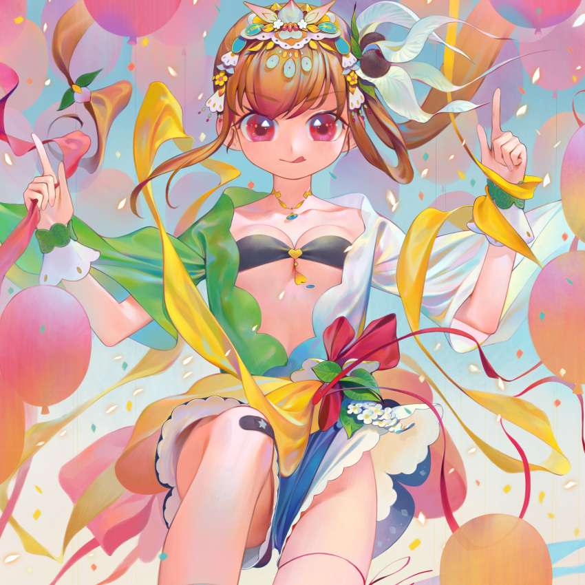 1girl :q absurdres back_bow balloon bandaid bandaid_on_knee bandaid_on_leg bow breasts brown_hair confetti eyebrows_visible_through_hair flower hair_flower hair_ornament headpiece highres index_finger_raised jewelry kaede_(shijie_heping) long_hair looking_at_viewer medium_breasts necklace open_clothes original red_eyes ribbon shorts side_ponytail solo strapless thigh_strap tongue tongue_out tube_top wrist_cuffs