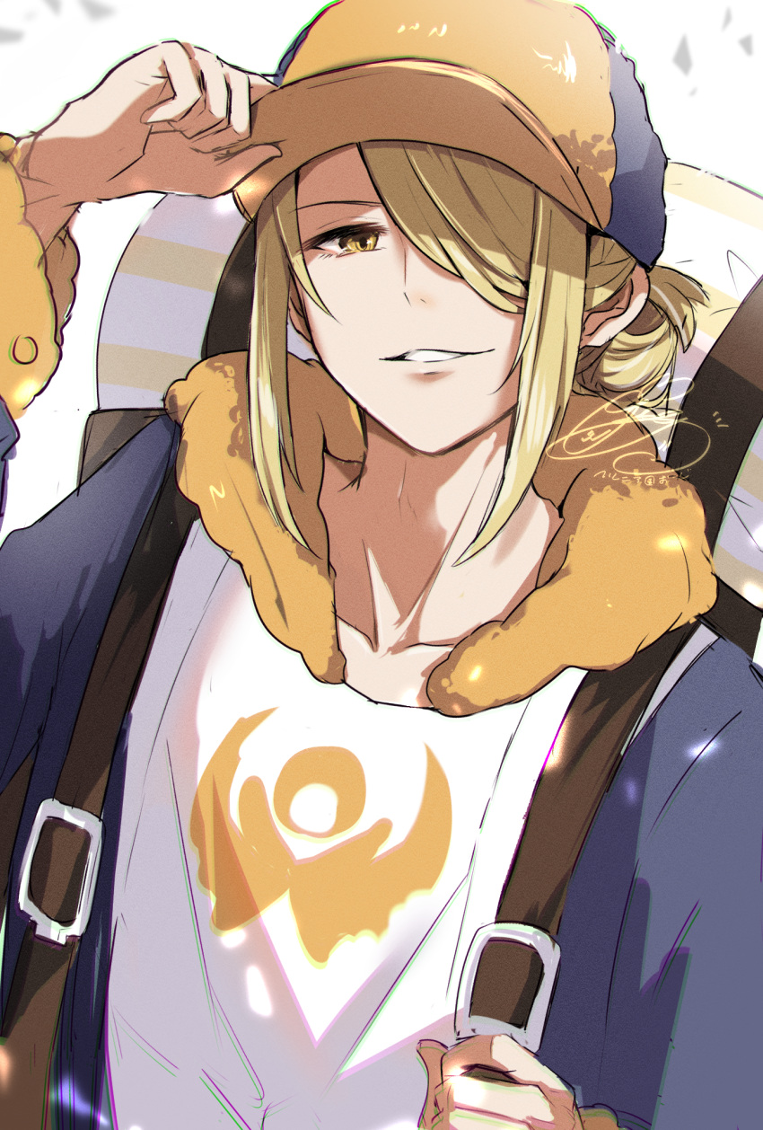 1boy backpack bag blonde_hair brown_bag commentary_request hand_on_headwear hat herunia_kokuoji highres holding_strap jumpsuit looking_at_viewer male_focus parted_lips pokemon pokemon_(game) pokemon_legends:_arceus short_hair signature smile solo upper_body volo_(pokemon) white_background yellow_eyes yellow_headwear