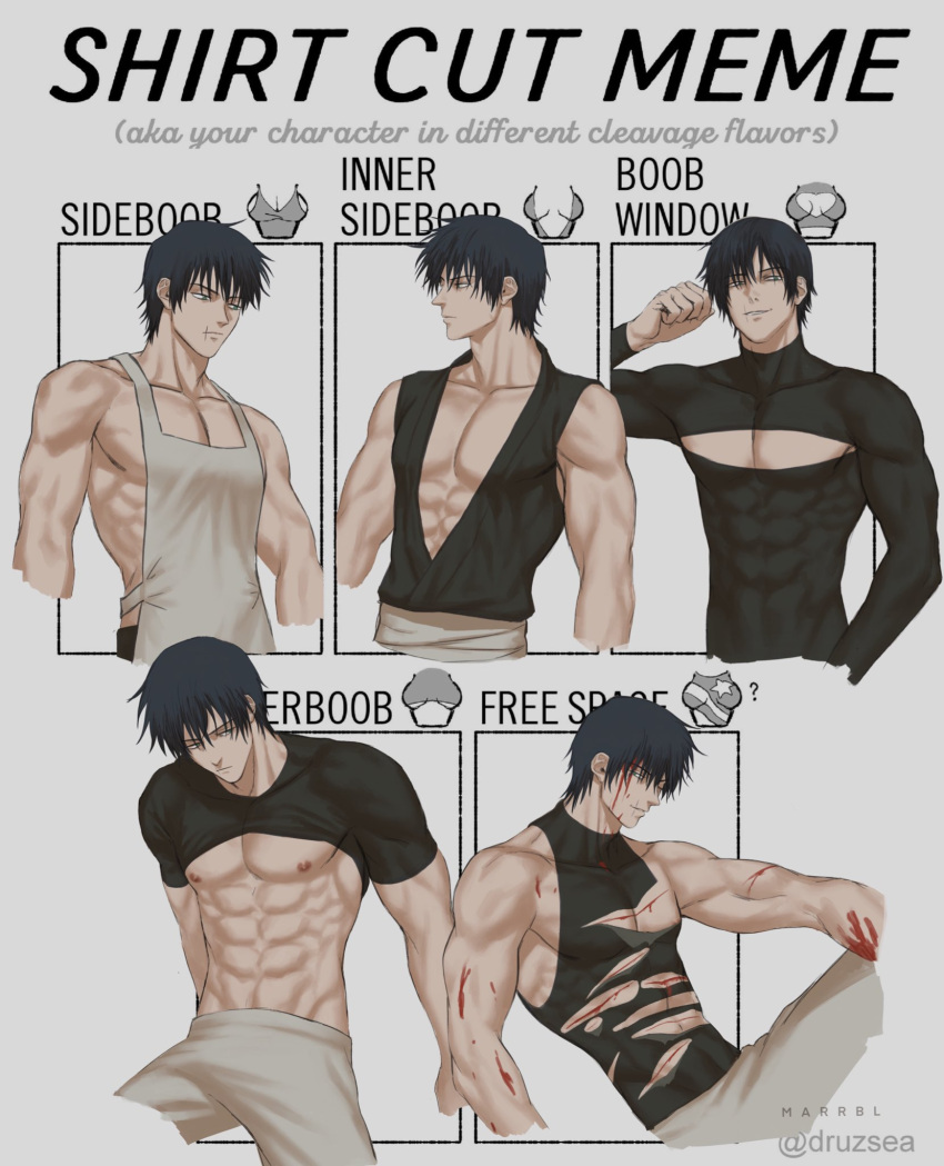 1boy abs alternate_costume apron artist_name bangs bare_shoulders black_hair black_pants black_shirt blood blood_on_face cleavage_cutout clothes_lift clothing_cutout commentary covered_abs cuts english_text fushiguro_touji hair_between_eyes highres injury jujutsu_kaisen male_focus marrbl mature_male meme multiple_views muscular muscular_male nipples pants pectoral_cleavage pectorals scar scar_on_face scar_on_mouth shirt shirt_cut_(meme) shirt_lift short_hair sleeveless sleeveless_shirt smirk stomach sweater torn_clothes torn_shirt turtleneck turtleneck_sweater white_apron