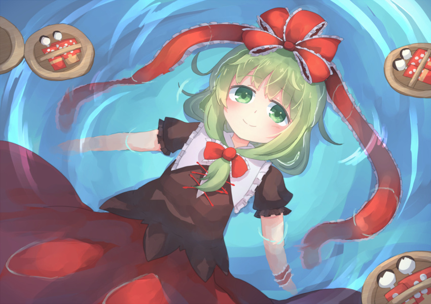 1girl afloat arm_ribbon bangs bow dress frilled_dress frilled_ribbon frilled_sleeves frills front_ponytail green_eyes green_hair hair_bow hair_ribbon kagiyama_hina kibisake long_dress medium_hair puffy_short_sleeves puffy_sleeves red_dress red_ribbon ribbon short_sleeves touhou water