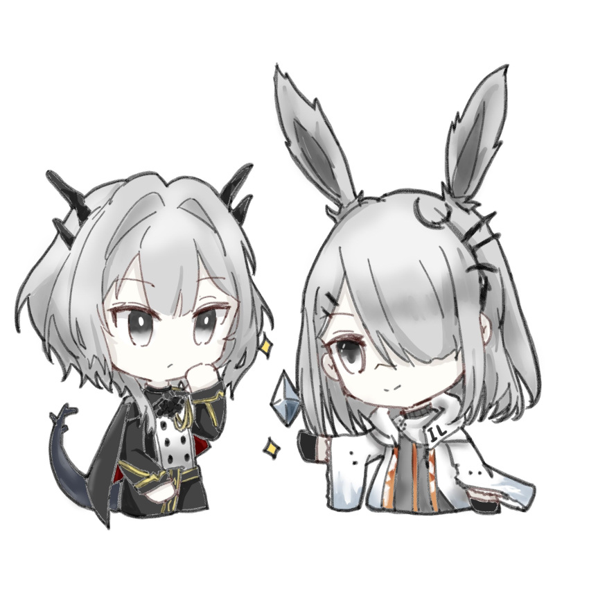 2girls animal_ears arknights bangs black_jacket chibi closed_mouth commentary_request cropped_torso crystal elovelingge eyebrows_visible_through_hair frostnova_(arknights) grey_eyes grey_hair hair_intakes hair_ornament hair_over_one_eye hairclip highres jacket long_hair long_sleeves multiple_girls open_clothes open_jacket rabbit_ears simple_background sparkle tail talulah_(arknights) upper_body white_background white_jacket