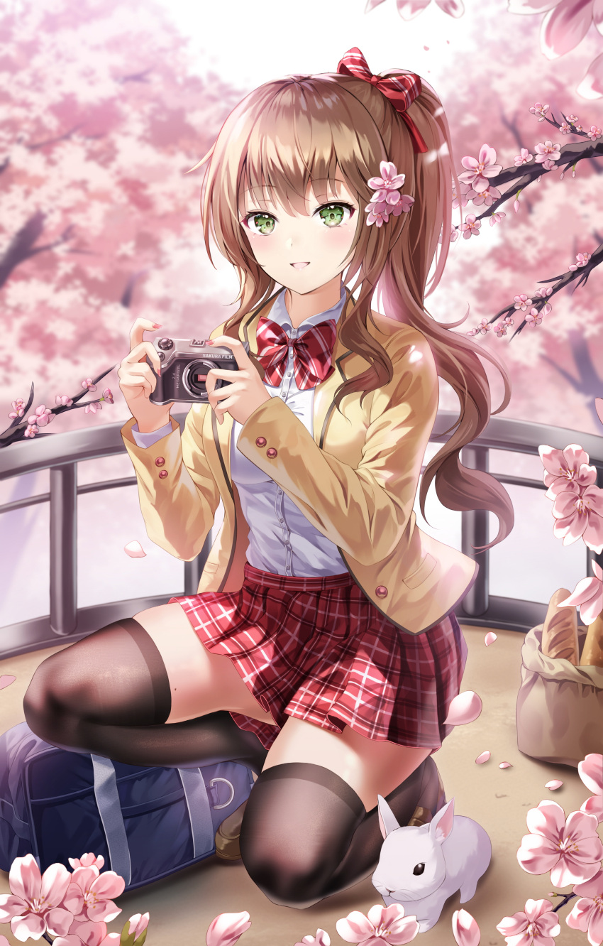 1girl :d absurdres bag baguette black_legwear blurry blurry_background bnari bow bowtie bread brown_hair buttons camera cherry_blossoms copyright_request depth_of_field eyebrows_visible_through_hair flower food green_eyes hair_bow hair_flower hair_ornament highres holding holding_camera jacket long_sleeves looking_at_viewer mole mole_on_thigh nail_polish one_knee petals pink_nails plaid plaid_skirt pleated_skirt ponytail rabbit red_bow red_bowtie red_skirt school_uniform see-through_legwear shirt sidelocks skirt smile solo striped striped_bow striped_bowtie thigh-highs white_shirt yellow_jacket zettai_ryouiki