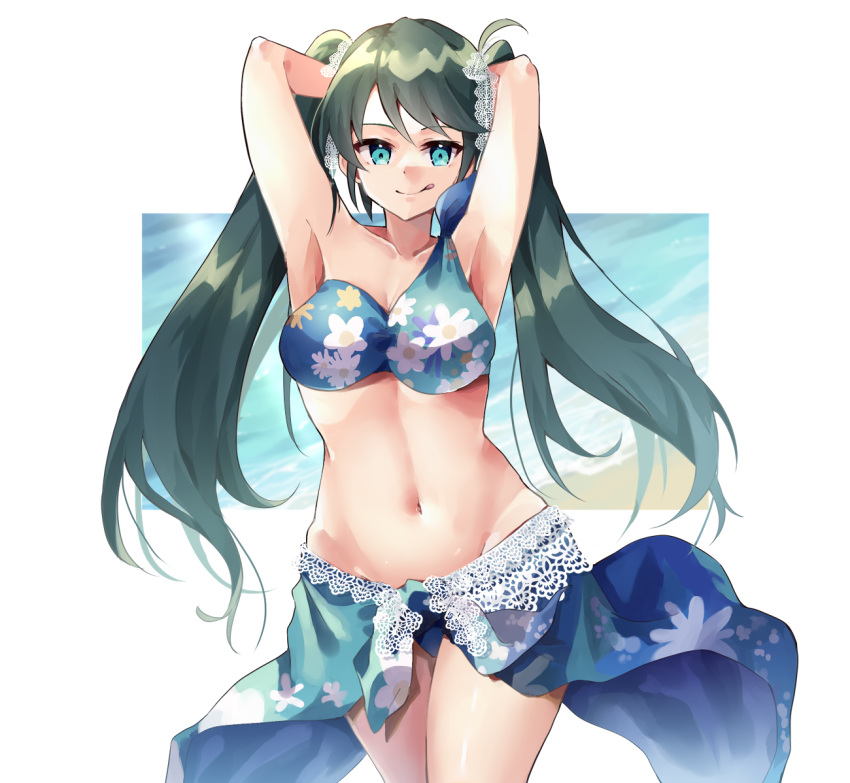 1girl armpits bare_arms bare_shoulders bikini blue_bikini blue_eyes blue_hair blue_sarong breasts closed_mouth collarbone cowboy_shot floral_print groin isuzu_(kancolle) kantai_collection large_breasts long_hair navel sarong smile solo swimsuit tongue tongue_out twintails u_yuz_xx
