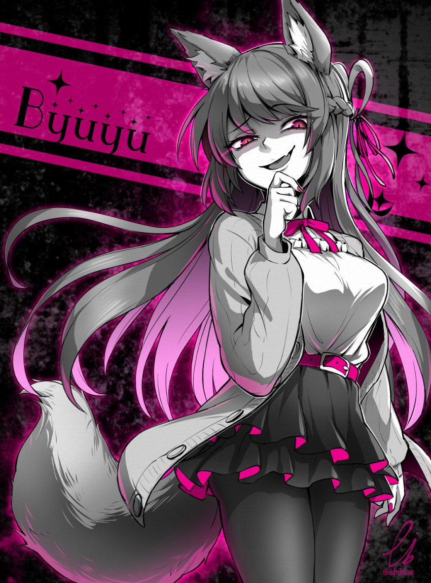 animal_ear_fluff animal_ears artist_name bangs braid breasts byuyu cardigan character_name collared_shirt commentary_request commission crown_braid ebiblue evil_smile eyebrows_visible_through_hair fang fox_ears fox_girl fox_tail frilled_shirt frills gesugao hair_ribbon hand_on_own_chin hand_up highres indie_virtual_youtuber large_breasts layered_skirt long_hair long_sleeves looking_at_viewer monochrome neck_ribbon open_cardigan open_clothes open_mouth pantyhose pink_nails pink_ribbon pleated_skirt red_eyes ribbon shirt sidelocks skeb_commission skirt slit_pupils smile spot_color standing star_(symbol) tail tented_shirt thighs twitter_username virtual_youtuber