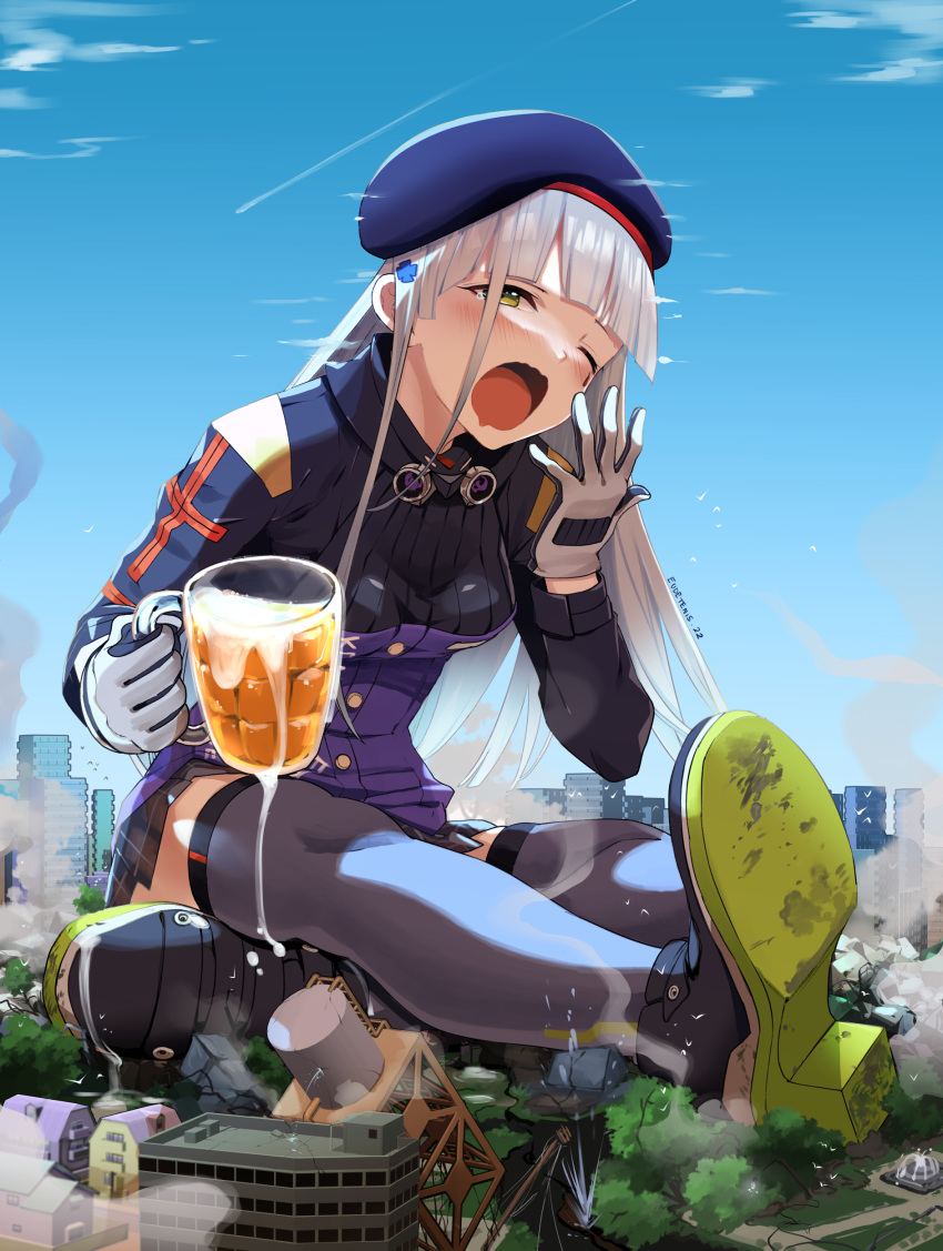 1girl absurdres alcohol bangs beer beret bird blue_sky blush building city commentary commentary_request cup day destruction drunk english_commentary eudetenis fountain full_body giant giantess girls_frontline gloves green_eyes hat highres hk416_(girls'_frontline) long_hair mug one_eye_closed outdoors partial_commentary shoe_soles shoes silver_hair sitting skirt sky smoke solo thigh-highs yawning