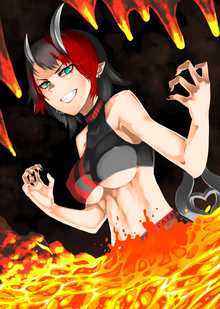 1girl absurdres bangs black_hair black_nails black_sports_bra blue_eyes breasts chain claw_pose commentary_request demon_girl demon_horns demon_tail dutch_angle ear_chain engacyo_(engacyo39800yen) grin highres horns large_breasts looking_at_viewer molten_rock multicolored_hair nail_polish no_jacket pointy_ears red_sports_bra redhead ryugasaki_rene short_hair smile solo sports_bra sugar_lyric tail two-tone_hair under_boob upper_body virtual_youtuber