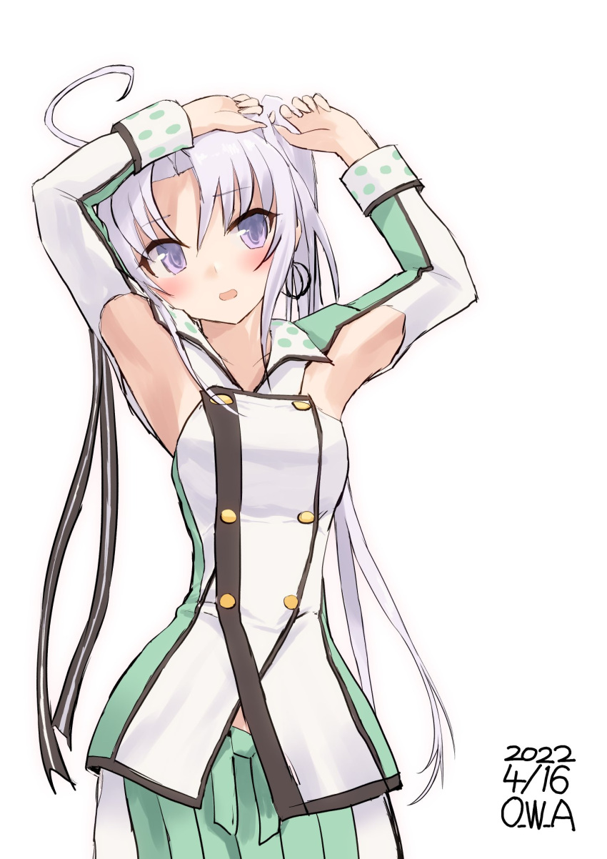 1girl ahoge akitsushima_(kancolle) armpit_cutout artist_name buttons clothing_cutout commentary_request dated double-breasted green_skirt grey_hair hair_ribbon highres kantai_collection long_hair military military_uniform one-hour_drawing_challenge owa_(ishtail) pleated_skirt ribbon side_ponytail simple_background skirt solo uniform violet_eyes white_background