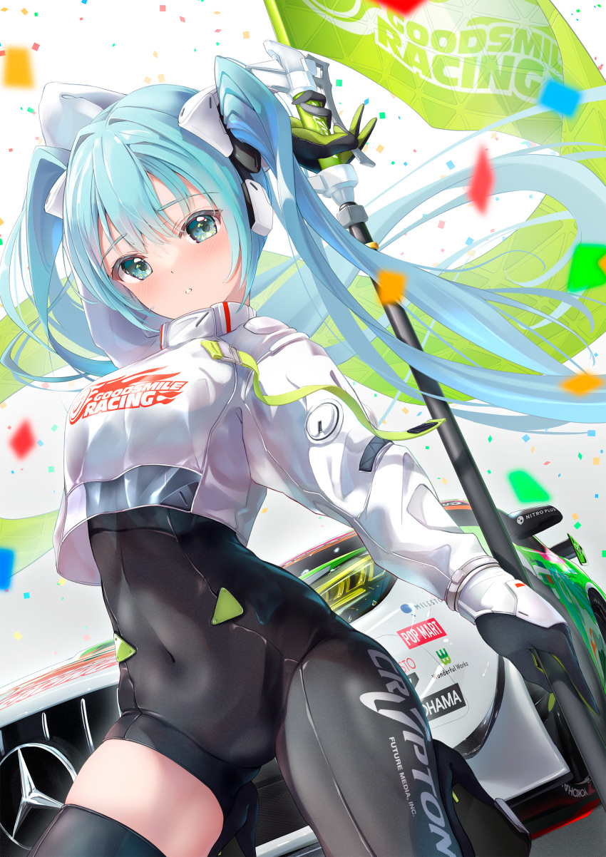 1girl :o absurdres aqua_hair arm_up ass_visible_through_thighs bangs black_bodysuit black_gloves black_legwear blush bodysuit car clothes_writing commentary_request covered_navel crop_top eyebrows_visible_through_hair flag fujinomiya_reicho gloves green_eyes ground_vehicle hatsune_miku highres long_hair long_sleeves looking_at_viewer mercedes-benz motor_vehicle parted_lips race_vehicle racecar racing_miku racing_miku_(2022) school_uniform simple_background single_thighhigh skin_tight solo thigh-highs twintails very_long_hair vocaloid white_background