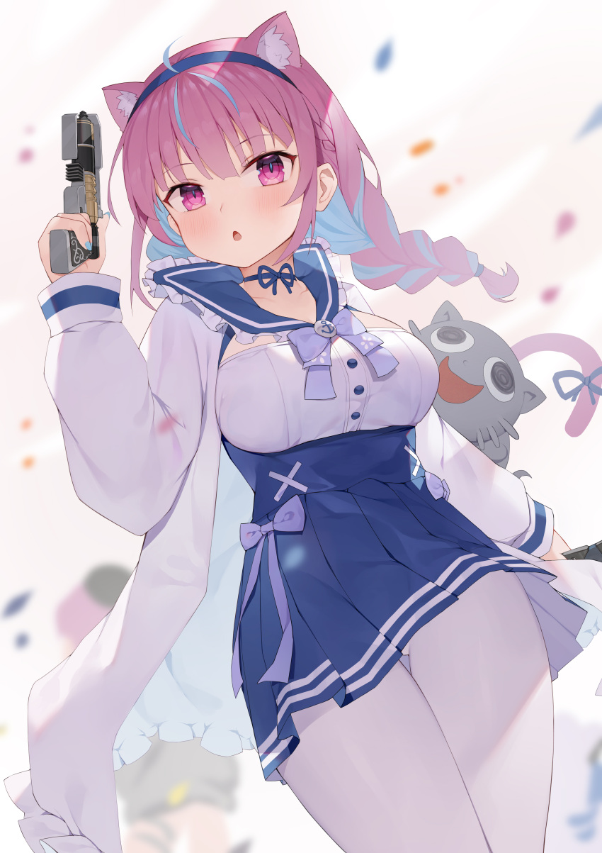 1girl :d :o @_@ absurdres ahoge anchor_symbol animal_ears apex_legends b3_wingman bangs blue_choker blue_hair blue_hairband blue_nails blue_ribbon blue_skirt blurry blurry_background blush bow braid breasts cat_ears cat_girl cat_tail choker collarbone commentary dual_wielding eyebrows_visible_through_hair french_braid frilled_sailor_collar frilled_shirt_collar frills gun hairband high-waist_skirt highres holding holding_gun holding_weapon hololive jacket long_hair long_sleeves looking_at_viewer medium_breasts minato_aqua multicolored_hair neko_(minato_aqua) open_clothes open_jacket pantyhose pink_eyes pink_hair pleated_skirt purple_bow ribbon ribbon_choker sailor_collar shirt sidelocks skirt smile standing streaked_hair tail tail_ornament tail_ribbon thigh_gap toki_(1243309499) tokoyami_towa twin_braids twintails two-tone_hair underbust virtual_youtuber weapon white_background white_jacket white_legwear white_shirt wind