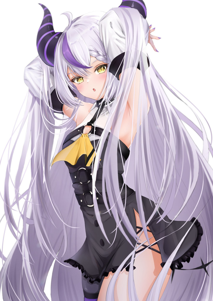 1girl arm_behind_head armpits collar demon_girl demon_horns highres hololive horns la+_darknesss long_hair looking_at_viewer metal_collar multicolored_hair nail_polish open_mouth purple_legwear single_leg_pantyhose solo streaked_hair striped_horns virtual_youtuber white_background