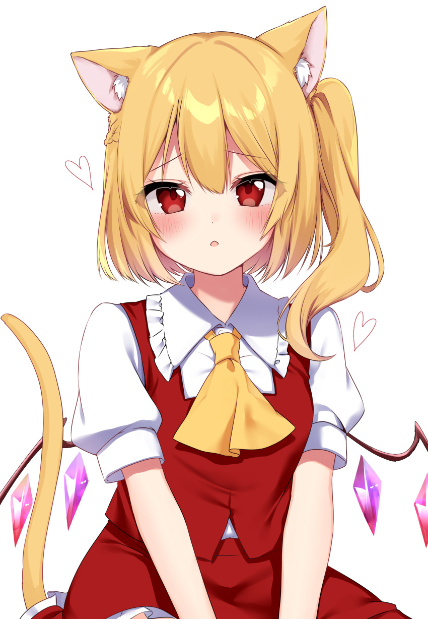1girl absurdres animal_ear_fluff animal_ears ascot bangs blonde_hair blush breasts cat_ears cat_tail collared_shirt commentary_request crystal eyebrows_visible_through_hair eyelashes eyes_visible_through_hair flandre_scarlet frills hair_between_eyes heart highres jewelry kemonomimi_mode looking_at_viewer medium_breasts multicolored_wings no_hat no_headwear one_side_up open_mouth puffy_short_sleeves puffy_sleeves red_eyes red_skirt red_vest shinonome_asu shirt short_hair short_sleeves simple_background sitting skirt skirt_set solo tail touhou vest white_background white_shirt wings yellow_ascot