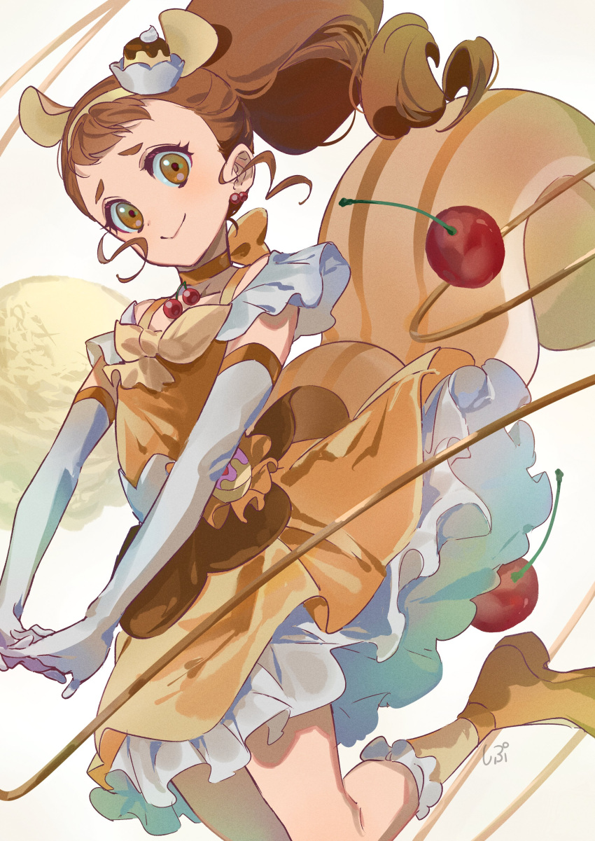 1girl absurdres animal_ears arisugawa_himari berry boots brown_eyes brown_hair choker collarbone cure_custard dress earrings elbow_gloves eyebrows food food-themed_hair_ornament forehead frills gloves hair_ornament highres jewelry kirakira_precure_a_la_mode long_hair looking_at_viewer magical_girl neck_bobbles pom_pom_(clothes) pom_pom_earrings precure pudding pudding_hair_ornament shipu_(gassyumaron) socks solo squirrel squirrel_ears squirrel_tail tail white_gloves yellow_choker yellow_dress yellow_footwear yellow_legwear