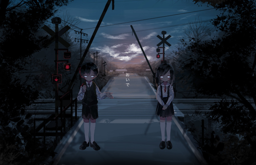 1boy 1girl black_hair constricted_pupils dark glowing glowing_eyes horror_(theme) hyde_(hai-do) japanese_tit kneehighs loafers long_sleeves original outstretched_hand peter_pan_collar railroad_tracks shoes short_hair siblings skirtall translation_request twins wide_image