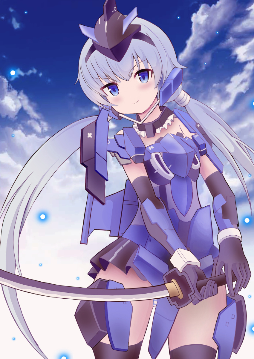1girl absurdres black_legwear black_skirt blue_eyes blue_hair blue_leotard blush clouds commission covered_navel floating_hair frame_arms_girl highres holding holding_sword holding_weapon leotard low_twintails mecha_musume mikoko1 skeb_commission skirt sky smile solo stylet sword thigh-highs twintails v-shaped_eyebrows weapon