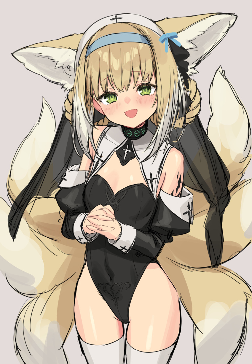 1girl animal_ears arknights bare_shoulders black_leotard blue_hairband blush braid covered_navel cowboy_shot detached_sleeves eyebrows_visible_through_hair fox_ears fox_girl fox_tail green_eyes habit hairband highres interlocked_fingers leotard light_brown_hair long_sleeves looking_at_viewer multiple_tails open_mouth own_hands_together sigm@ simple_background smile solo suzuran_(arknights) tail thigh-highs