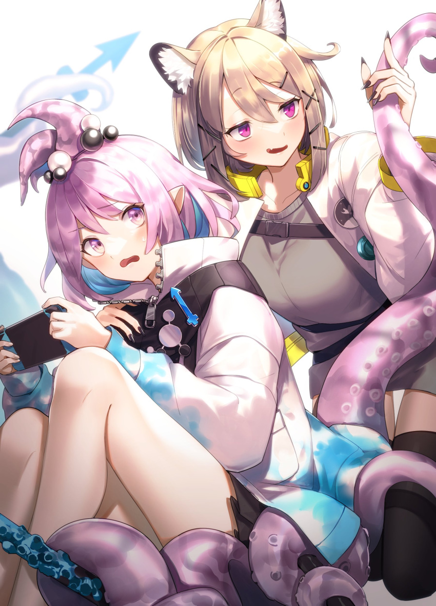 2girls absurdres animal_ear_fluff animal_ears arknights bangs belt blush breasts brown_hair commentary fang geta_(epicure_no12) hair_ornament hairclip hand_on_another's_shoulder highres jacket kirara_(arknights) looking_at_another multiple_girls nail_polish nintendo_switch open_clothes open_jacket parted_lips pink_eyes pink_hair pointy_ears short_hair skin_fang sweatdrop tail tentacle_grab tentacles thigh-highs utage_(arknights) violet_eyes white_jacket