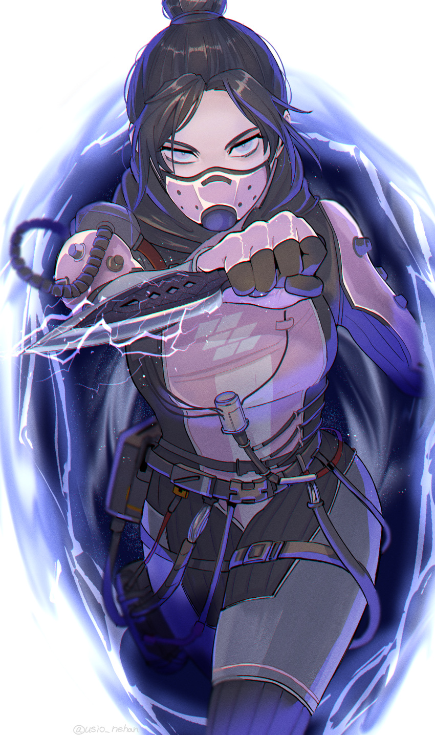 1girl apex_legends bangs black_hair blue_eyes bodysuit breasts cable commentary electricity hair_bun highres holding holding_knife knife kunai mask medium_breasts mouth_mask official_alternate_costume parted_bangs pink_bodysuit running solo usio_(tsuqmo) void_specialist_wraith weapon wraith's_kunai wraith_(apex_legends)