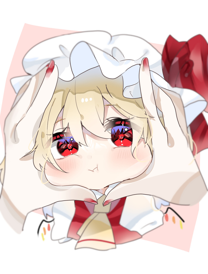 2girls :i ascot blonde_hair blurry blush bow cheek_squash cropped_torso crystal depth_of_field eyebrows_visible_through_hair face flandre_scarlet from_above hair_between_eyes hat hat_bow hat_ribbon highres mob_cap multiple_girls nail_polish pointy_ears pov pov_hands puffy_short_sleeves puffy_sleeves ramochi red_bow red_eyes red_ribbon red_vest ribbon shirt short_sleeves simple_background solo_focus touhou upper_body vest white_background white_headwear wings