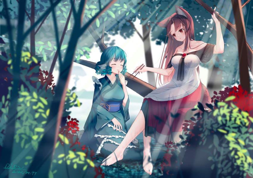2girls absurdres adapted_costume animal_ears bare_shoulders barefoot blue_hair blurry breasts brooch brown_hair chopsticks dated depth_of_field dress drill_hair drill_locks eating eyebrows_visible_through_hair fingernails food food_on_face frilled_kimono frills green_kimono hand_on_own_face head_fins highres imaizumi_kagerou japanese_clothes jewelry kimono lake light_rays long_fingernails long_hair long_sleeves looking_at_another mermaid misty_lake monster_girl multiple_girls nature obi off-shoulder_dress off_shoulder okawa2000 open_mouth picnic purple_sash red_eyes red_nails rice rice_on_face sash signature sitting tail touhou tree wakasagihime water white_dress wide_sleeves wolf_ears wolf_tail