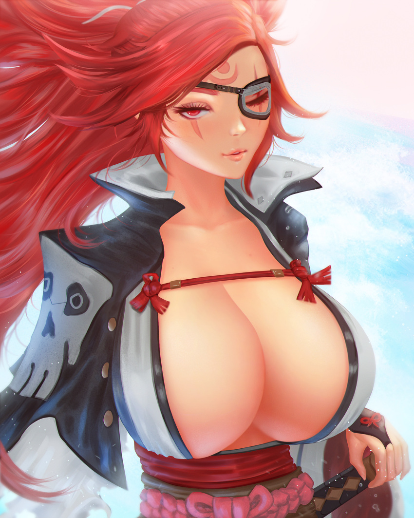 1girl baiken breasts bridal_gauntlets closed_mouth clouds collarbone eyelashes eyepatch eyeshadow facial_mark floating_hair forehead_mark guilty_gear guilty_gear_strive highres katana large_breasts light_particles lips long_hair long_sleeves makeup mcdobo red_eyes redhead sash scar scar_across_eye solo sword upper_body weapon